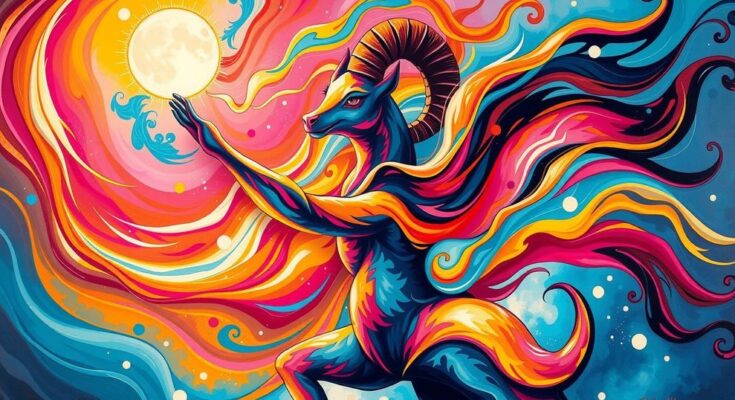 Aries moon brings energy and leadership, highlighted by vibrant colors and a dynamic, abstract style.