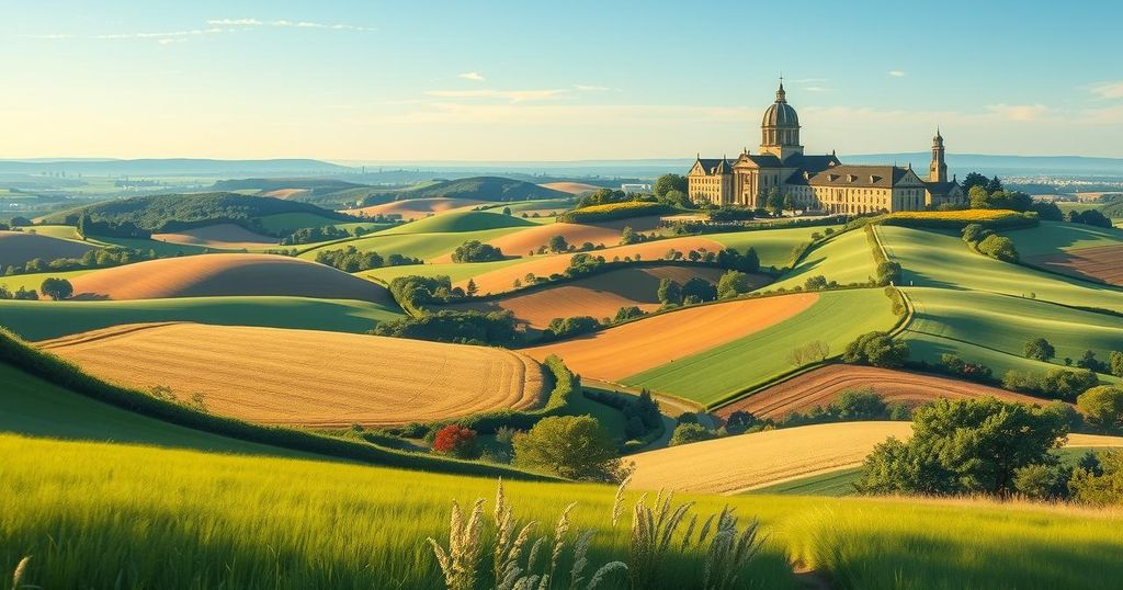 A serene Ohio landscape with rolling hills and a clear sky, symbolizing political change and community engagement.