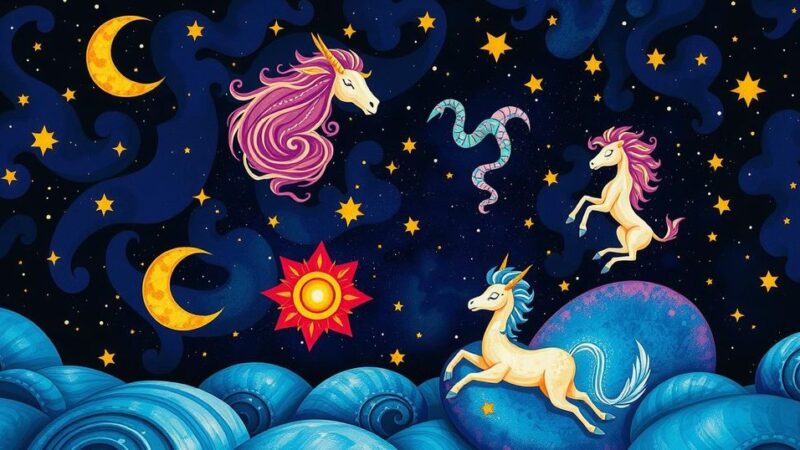 A celestial illustration depicting the zodiac signs against a starry night backdrop.