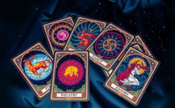 Tarot cards featuring various symbols, vibrantly colored and arranged on a mystical background, for horoscopes.