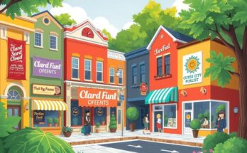 A vibrant neighborhood scene with activities and events, surrounded by greenery and colorful storefronts.