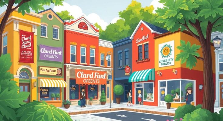A vibrant neighborhood scene with activities and events, surrounded by greenery and colorful storefronts.