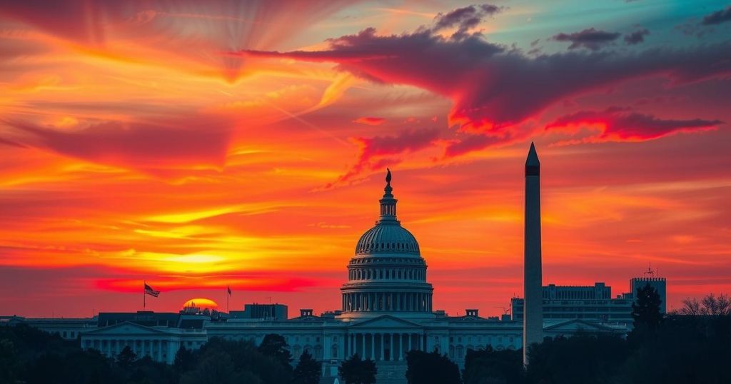 Silhouetted skyline of Washington D.C. at sunset with clouds in blue and orange hues, symbolizing political change.