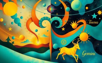 Colorful cosmic landscape with Taurus and Gemini symbols, representing astrological transitions and curiosity.