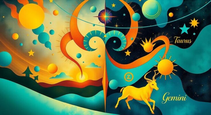 Colorful cosmic landscape with Taurus and Gemini symbols, representing astrological transitions and curiosity.