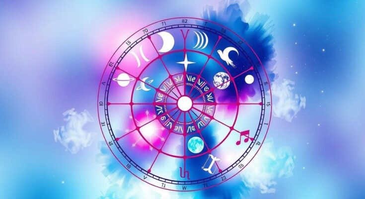 Colorful astrological wheel showcasing zodiac signs and celestial bodies under the Gemini season sky.