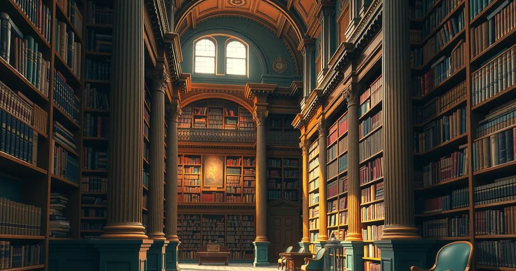 A symbol of knowledge and power, featuring a vast library decorated with books, pillars, and bright colors