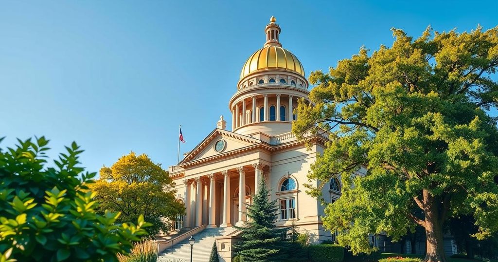 A vibrant depiction of the Georgia State Capitol building surrounded by lush greenery and a clear blue sky, symbolizing politics.