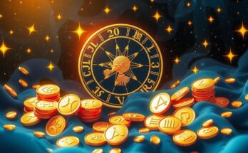 Astrological symbols with golden coins and stars representing financial abundance and zodiac signs in a celestial theme.