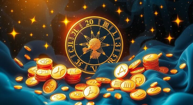 Astrological symbols with golden coins and stars representing financial abundance and zodiac signs in a celestial theme.