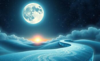 A serene celestial landscape showcasing the moon and stars illuminating a pathway leading toward the horizon.