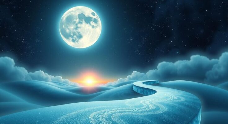 A serene celestial landscape showcasing the moon and stars illuminating a pathway leading toward the horizon.