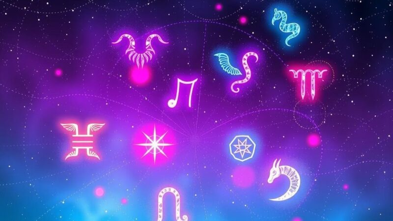 Zodiac symbols in a cosmic sky with vibrant colors, illustrating astrological predictions for the day.