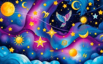 Colorful cosmic landscape with zodiac symbols, representing astrological insights and emotional experiences.