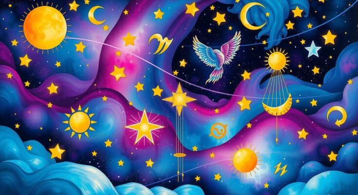 Colorful cosmic landscape with zodiac symbols, representing astrological insights and emotional experiences.