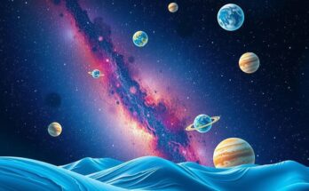 A celestial landscape with stars, planets, and zodiac signs, capturing the essence of astrology and reflection.