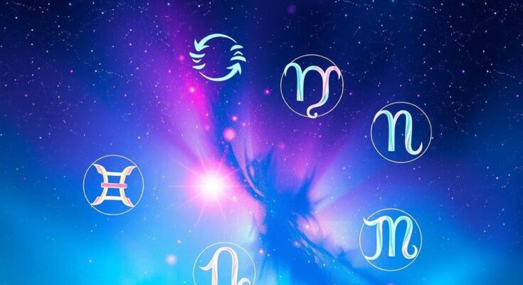 Colorful astrological symbols representing zodiac signs on a starry night background, reflecting numerology predictions.