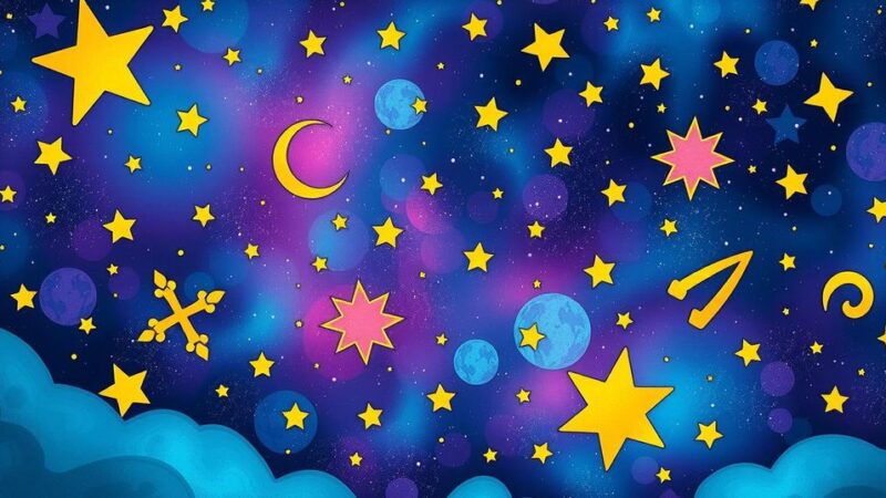 Colorful cosmic scene depicting astrological symbols with stars and planets, symbolizing self-growth and mindfulness.