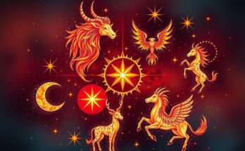 Astrological symbols aligned with colorful zodiac signs representing daily predictions and positive vibes.