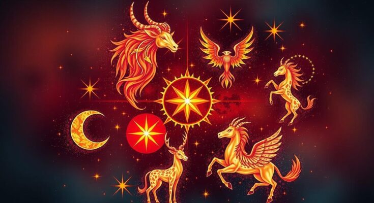 Astrological symbols aligned with colorful zodiac signs representing daily predictions and positive vibes.