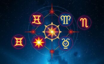 Astrological symbols against a cosmic backdrop representing career growth opportunities for each zodiac sign this week.