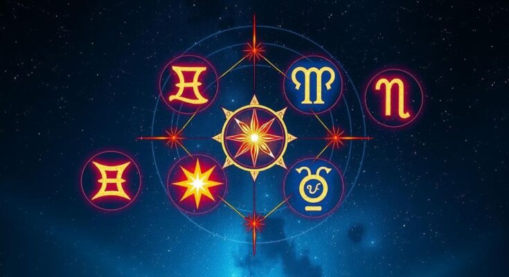Astrological symbols against a cosmic backdrop representing career growth opportunities for each zodiac sign this week.