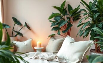 A cozy scene showcasing a nurturing home environment with plants, candles, and warm lighting, promoting self-care and comfort.