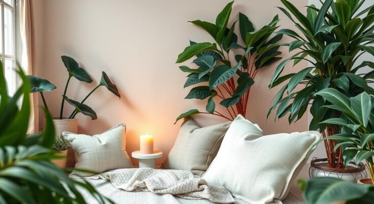 A cozy scene showcasing a nurturing home environment with plants, candles, and warm lighting, promoting self-care and comfort.