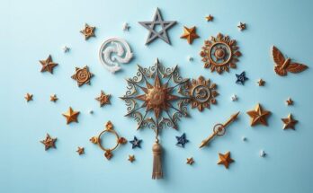 Astrological symbols arranged harmoniously against a subtle starry background in a calming blue and silver color scheme.
