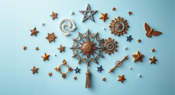 Astrological symbols arranged harmoniously against a subtle starry background in a calming blue and silver color scheme.