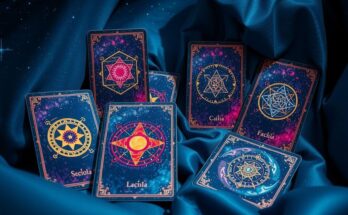 A set of tarot cards featuring astrological symbols against a mystical backdrop with stars and cosmic colors.