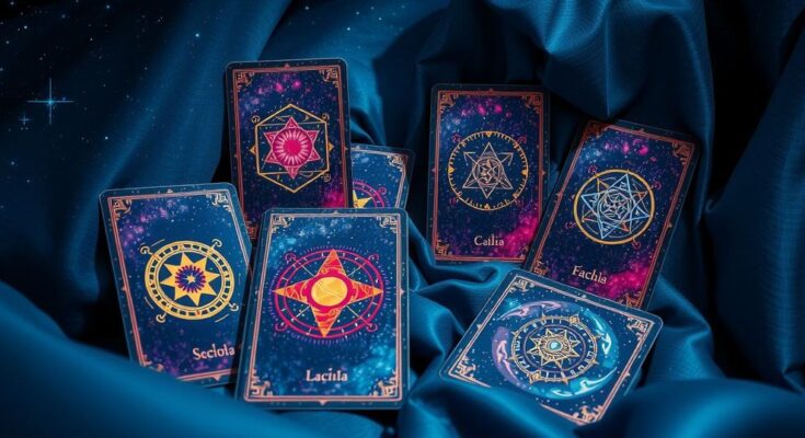 A set of tarot cards featuring astrological symbols against a mystical backdrop with stars and cosmic colors.