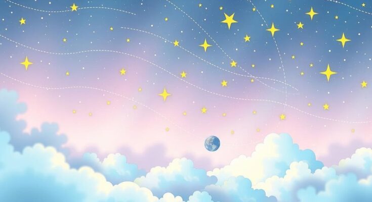 Celestial scene representing daily career horoscopes for zodiac signs with cosmic themes and pastel colors.