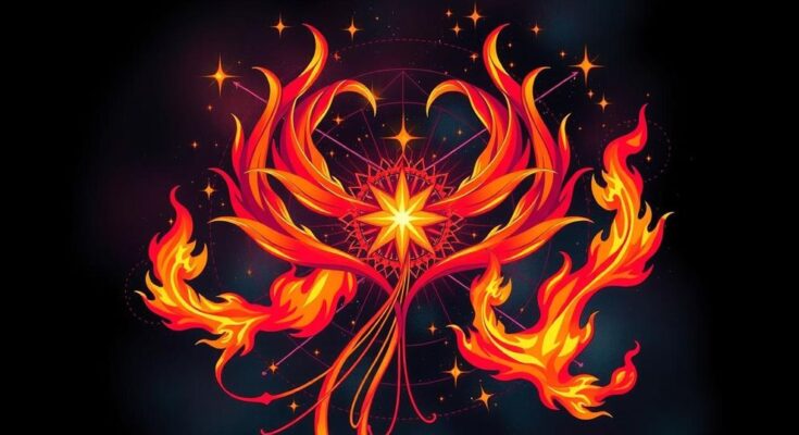 Astrological symbols with fiery colors representing love horoscopes and cosmic energies in romance.