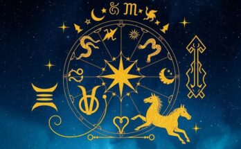 Zodiac symbols arranged in a celestial design with a starry background, featuring blues and golds for a magical vibe.