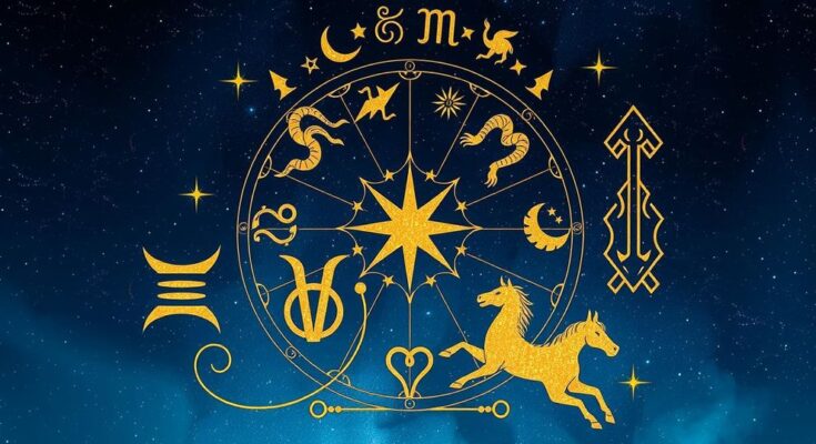 Zodiac symbols arranged in a celestial design with a starry background, featuring blues and golds for a magical vibe.