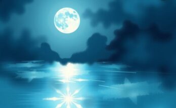 Night sky illuminated by a full moon with a soft glow over a serene landscape, evoking a sense of tranquility and reflection.