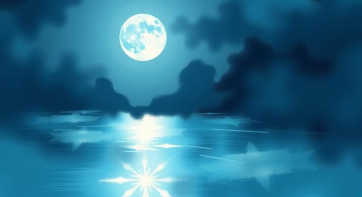 Night sky illuminated by a full moon with a soft glow over a serene landscape, evoking a sense of tranquility and reflection.