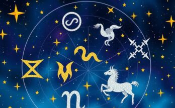 Astrological symbols with stars and constellations against a night sky, featuring zodiac signs elegantly arranged in a celestial scene.