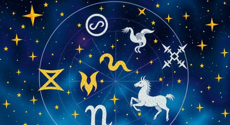 Astrological symbols with stars and constellations against a night sky, featuring zodiac signs elegantly arranged in a celestial scene.