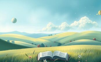A serene landscape with open skies, inspiring nature, books, and celestial elements representing opportunity and growth.