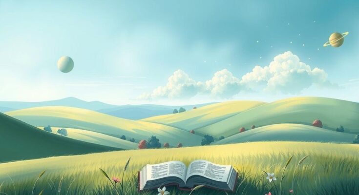 A serene landscape with open skies, inspiring nature, books, and celestial elements representing opportunity and growth.