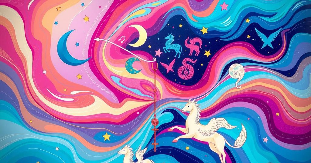 Inspirational zodiac-themed illustration featuring vibrant colors and symbols of positivity and adventure.