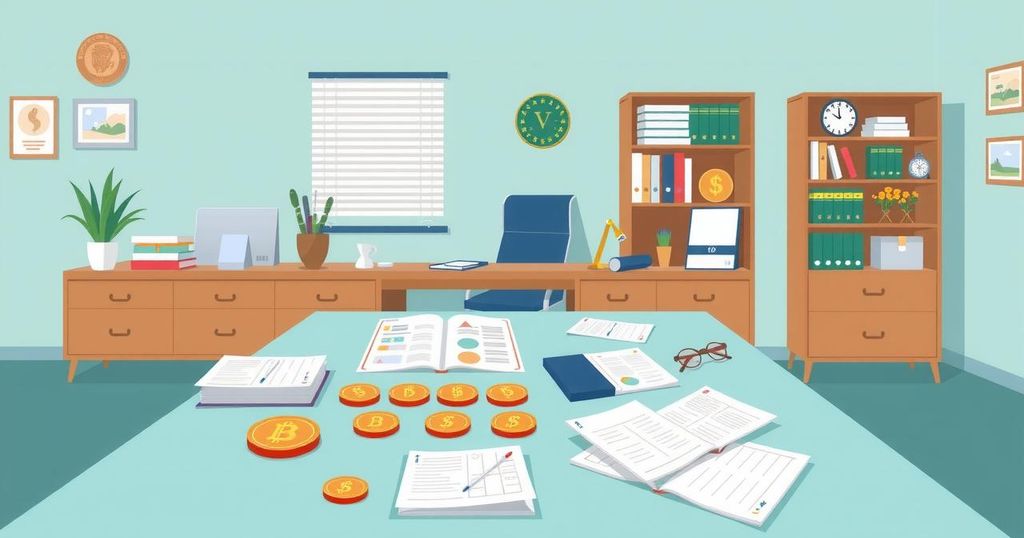 Federal workers' retirement plans with financial symbols, tokens, and paperwork on a table in a harmonious color scheme.