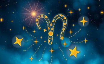 Astrological symbol for Aries with stars over a cosmic background, using deep blues and radiant golds.