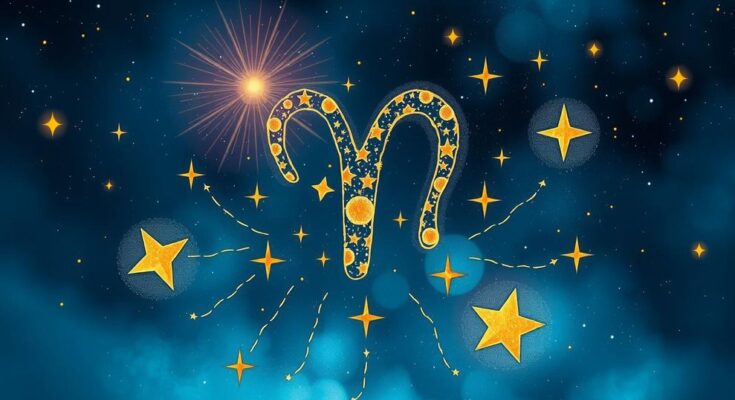 Astrological symbol for Aries with stars over a cosmic background, using deep blues and radiant golds.