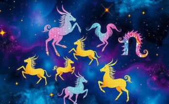 Zodiac signs with colorful astrology symbols in a cosmic background.