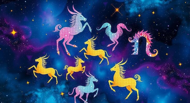 Zodiac signs with colorful astrology symbols in a cosmic background.