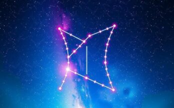 A celestial illustration featuring Gemini constellation with vibrant colors and starry background.