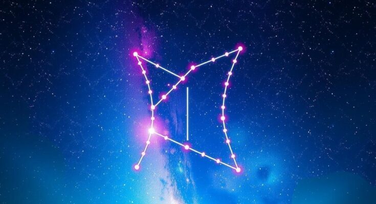A celestial illustration featuring Gemini constellation with vibrant colors and starry background.